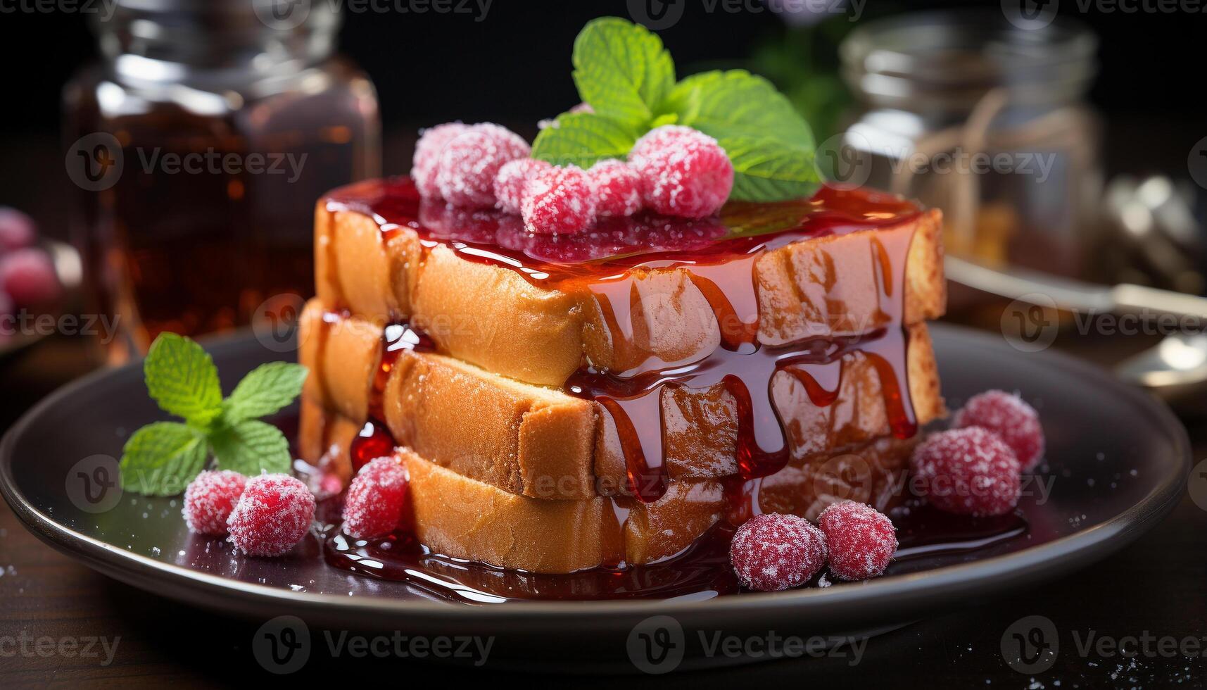AI generated Homemade berry pancake stack with fresh raspberry sauce and mint generated by AI photo