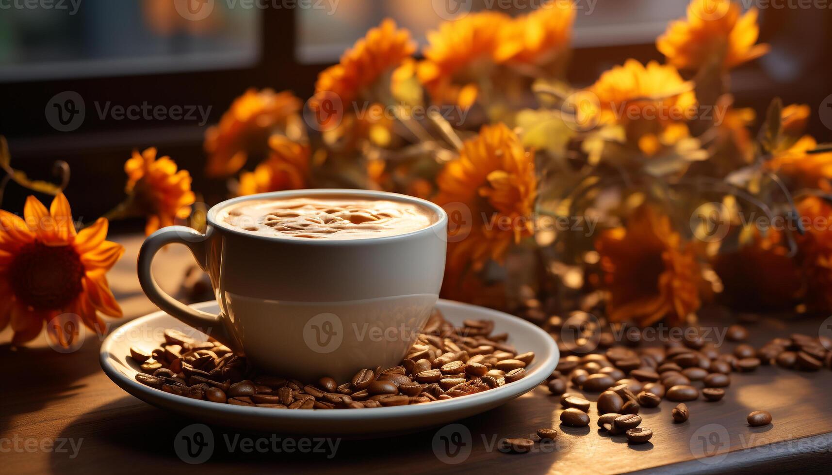 ai generado Fresco café taza en de madera mesa con un soltero flor generado por ai foto