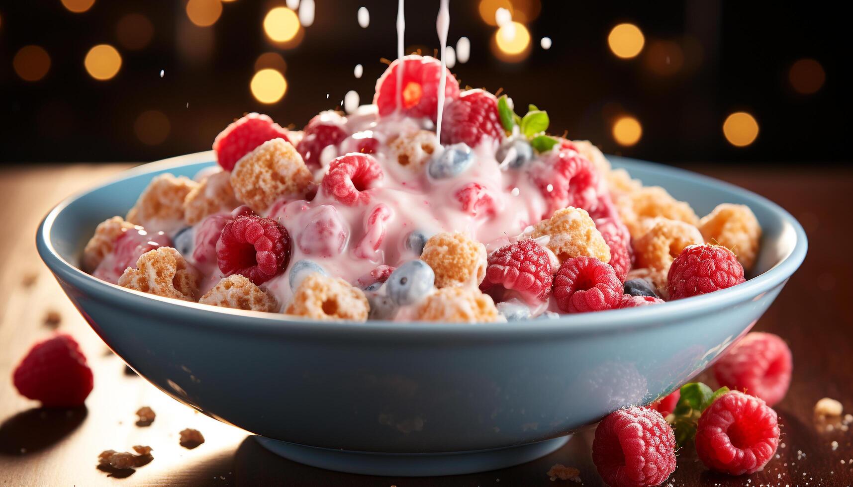 AI generated Freshness and indulgence on a wooden table raspberry, blueberry, strawberry generated by AI photo