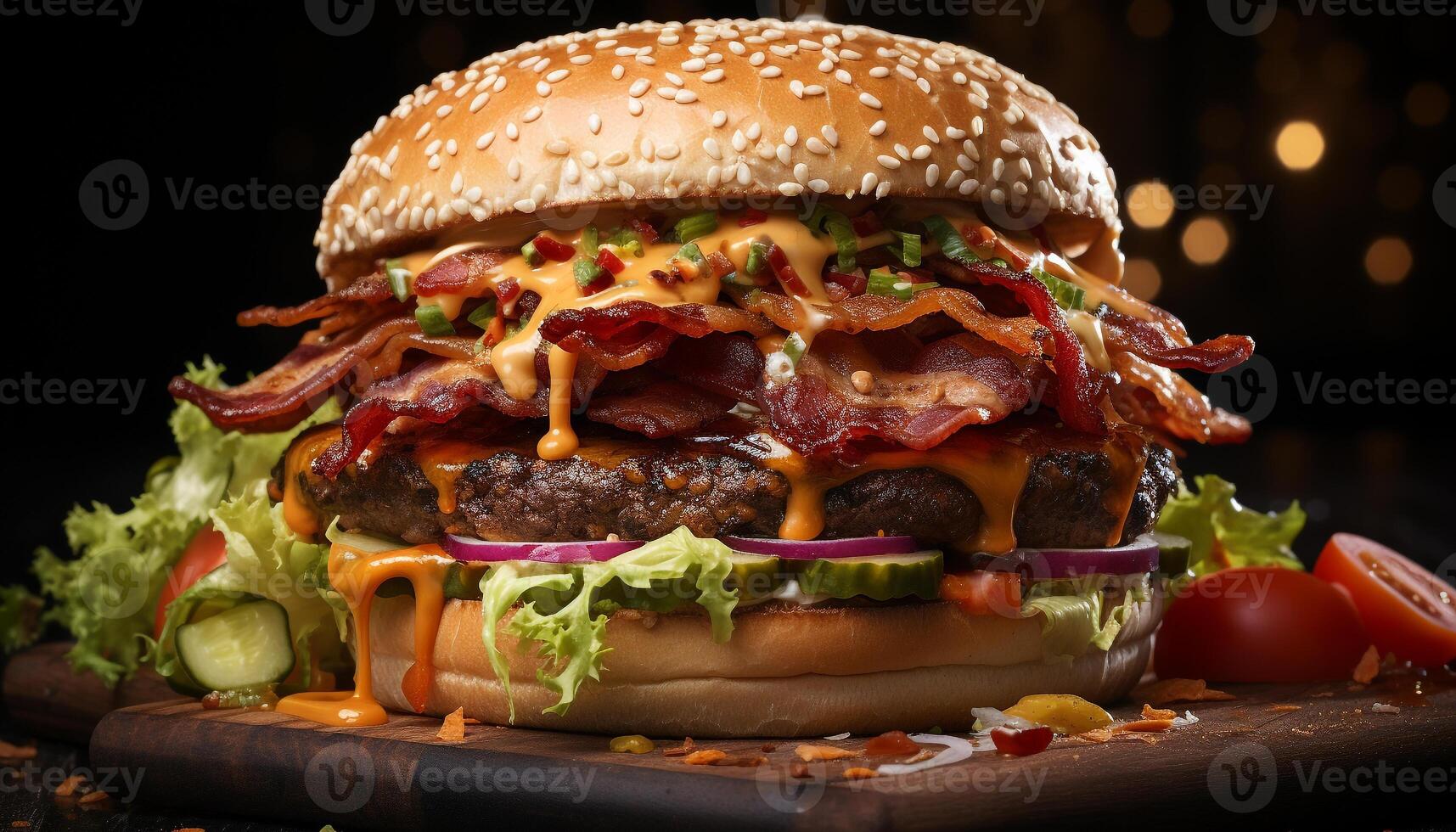 AI generated Grilled beef burger with tomato, onion, and cheese on bun generated by AI photo