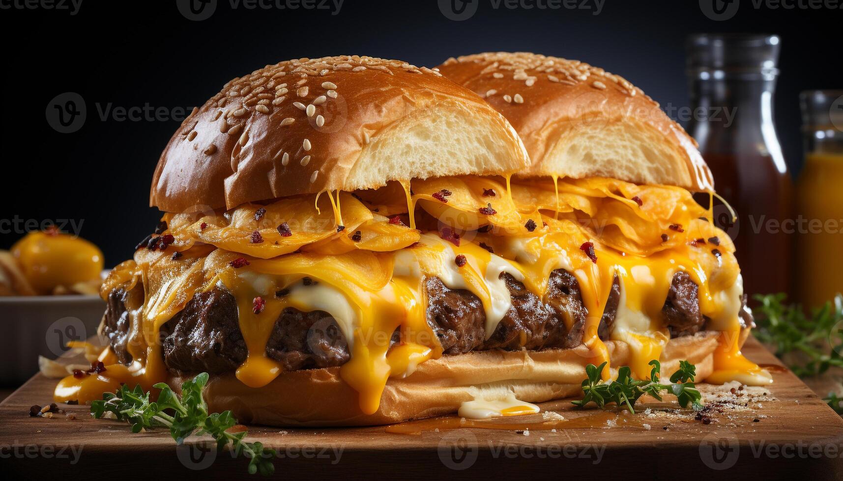 AI generated Grilled gourmet cheeseburger, fresh bun, melting cheddar, ready to eat perfection generated by AI photo