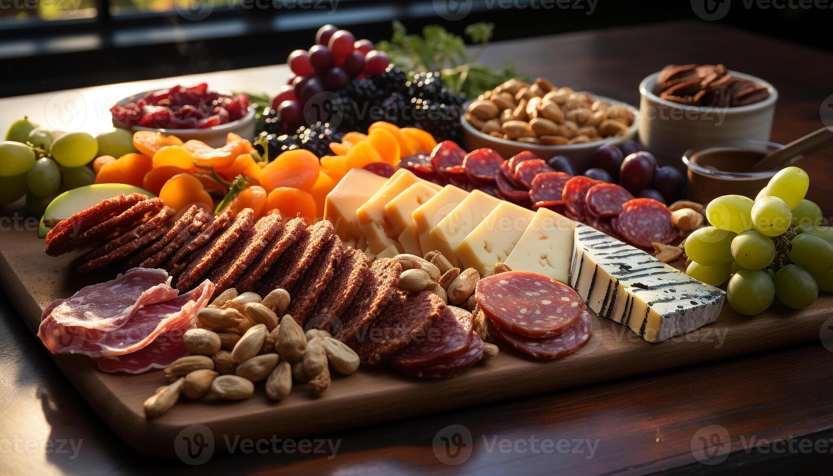 AI generated Freshness and variety on a rustic wooden table fruit, meat, and wine generated by AI photo