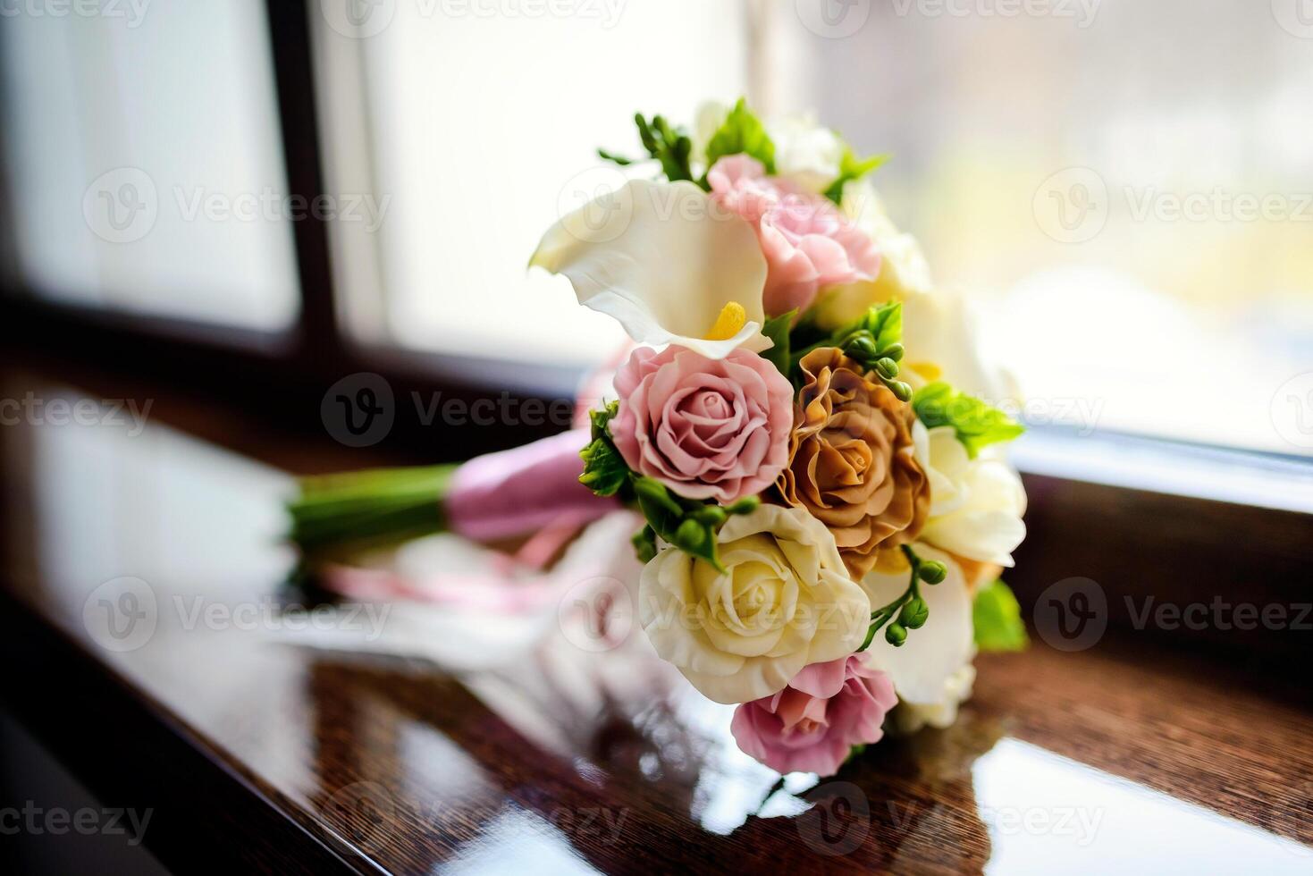 Gorgeous tender wedding bouquet with cream, ivory and pink roses on a windowsill. Closeup photo