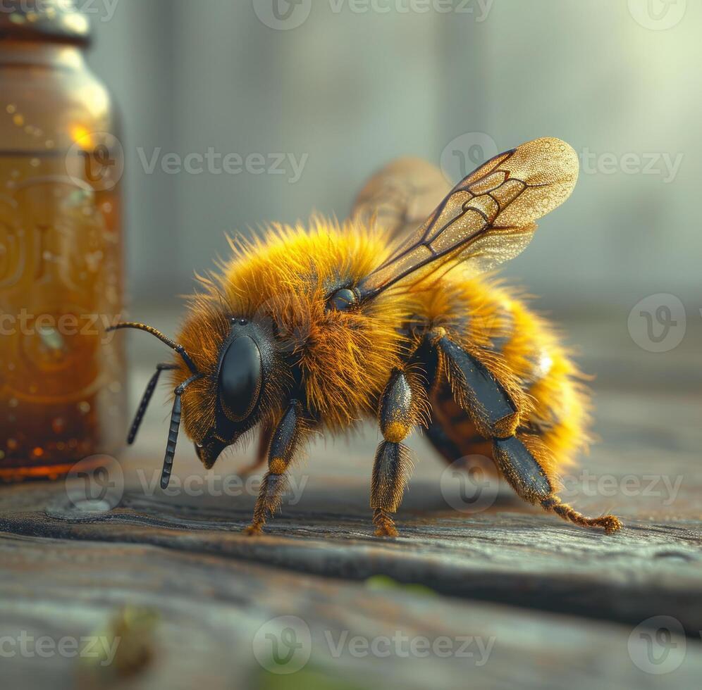 AI Generated Bee is sitting on wooden table next to bottle photo