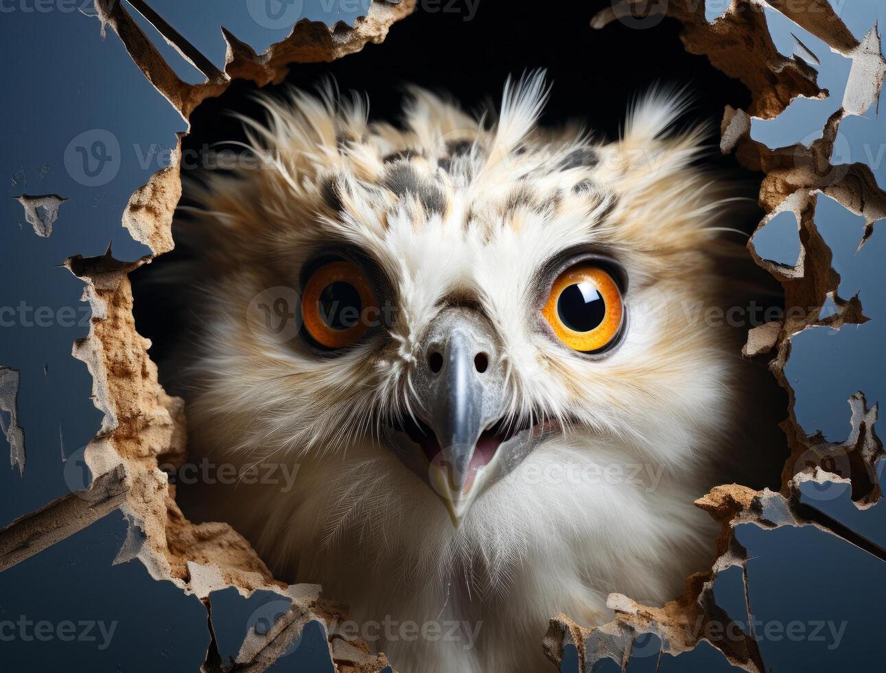 AI generated An owl looking out of a small hole. A curious owl gazes through a small hole in a wall, observing its surroundings with intense focus. photo