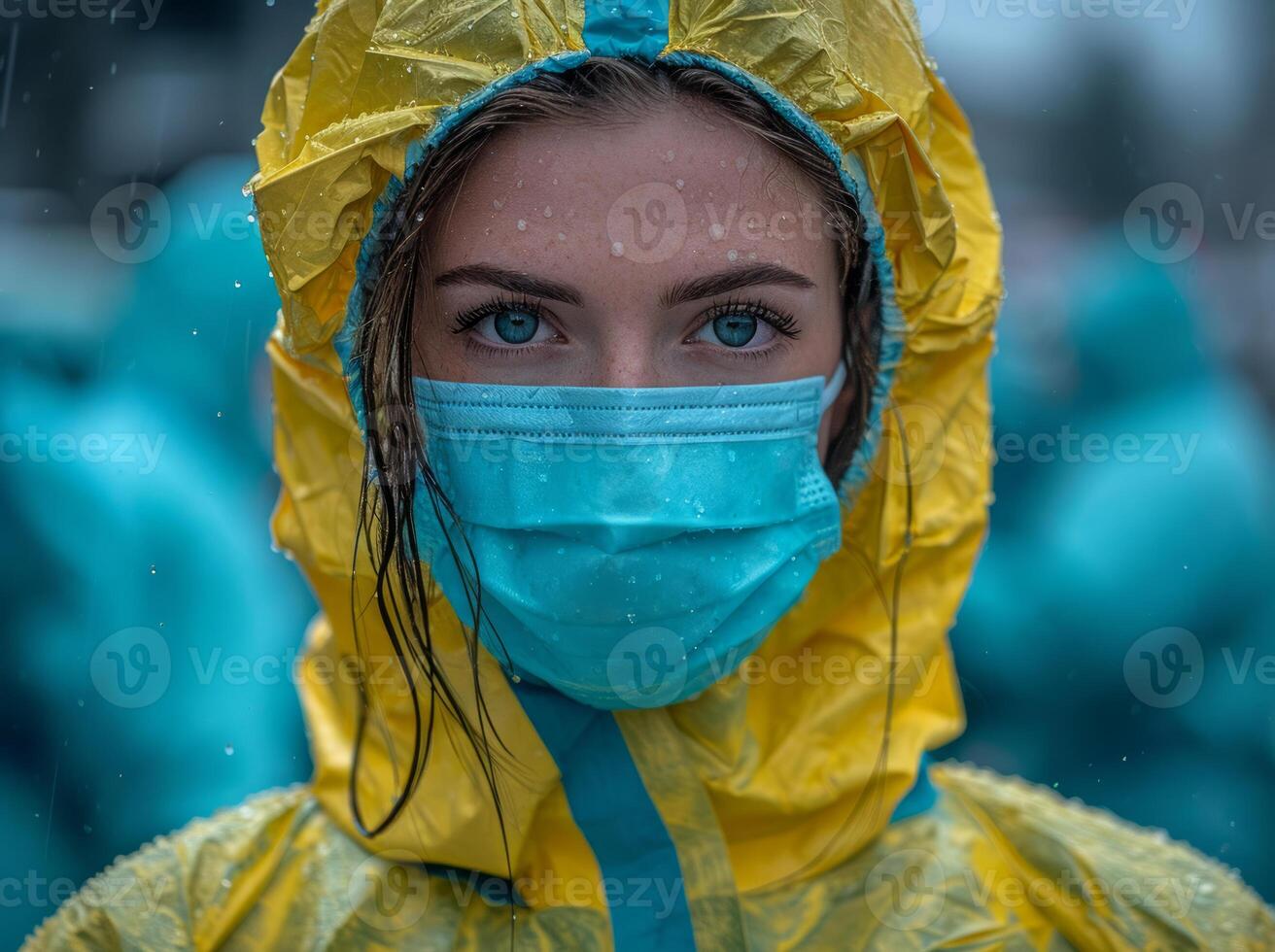 AI generated An emergency room nurse. A woman is pictured wearing a yellow raincoat and a blue face mask. photo