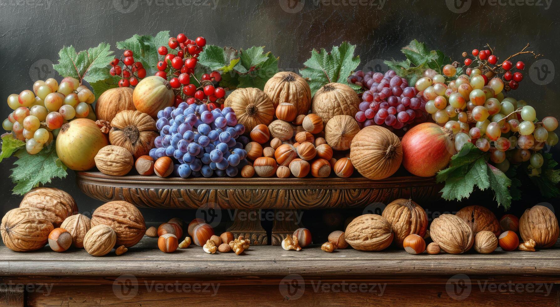 AI generated Still life with fruit and nuts in bronze bowl photo