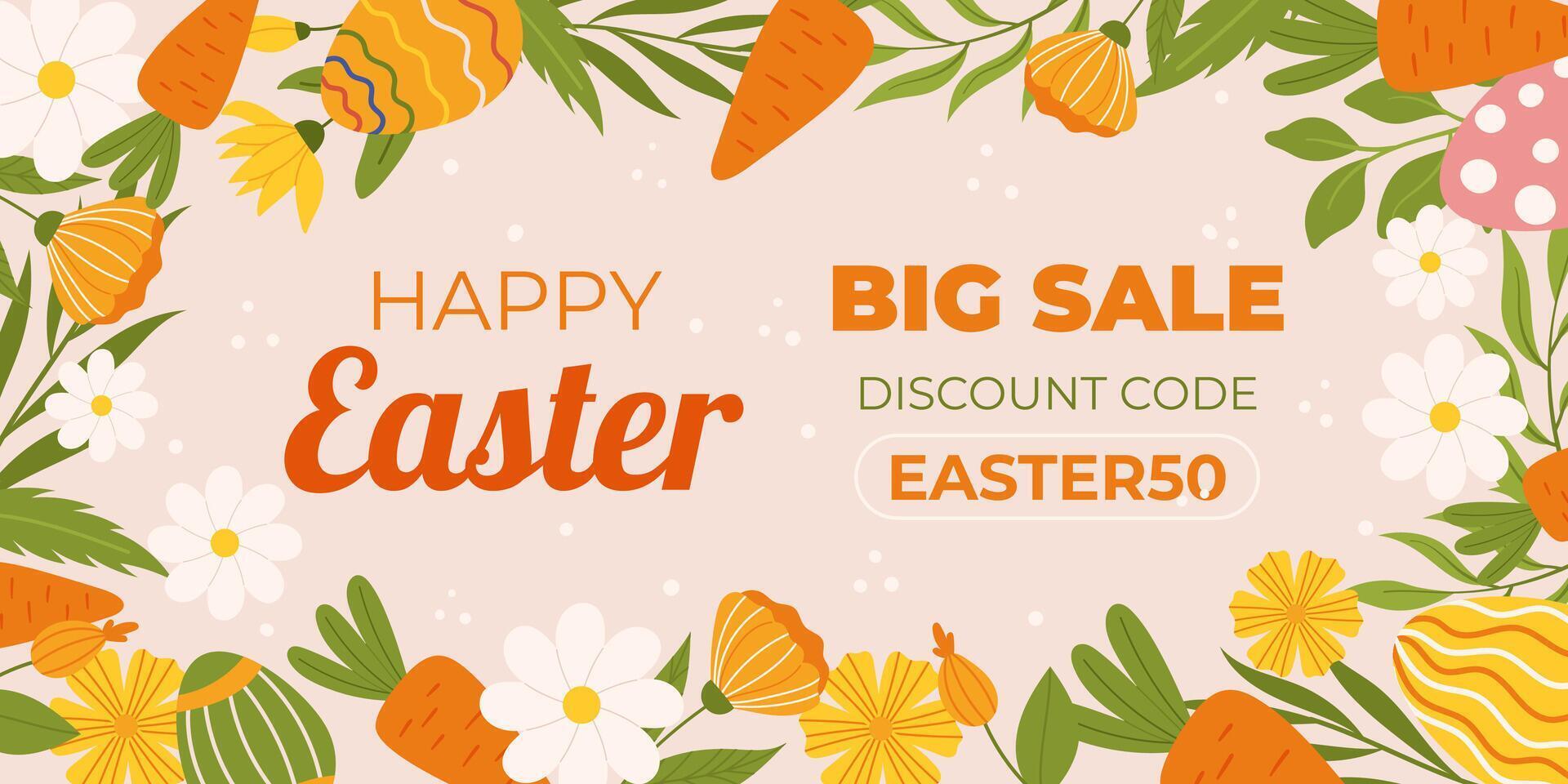 Easter sale horizontal background template for promotion. Design with  painted eggs, flowers and carrots. Spring seasonal advertising. Hand drawn flat vector illustration