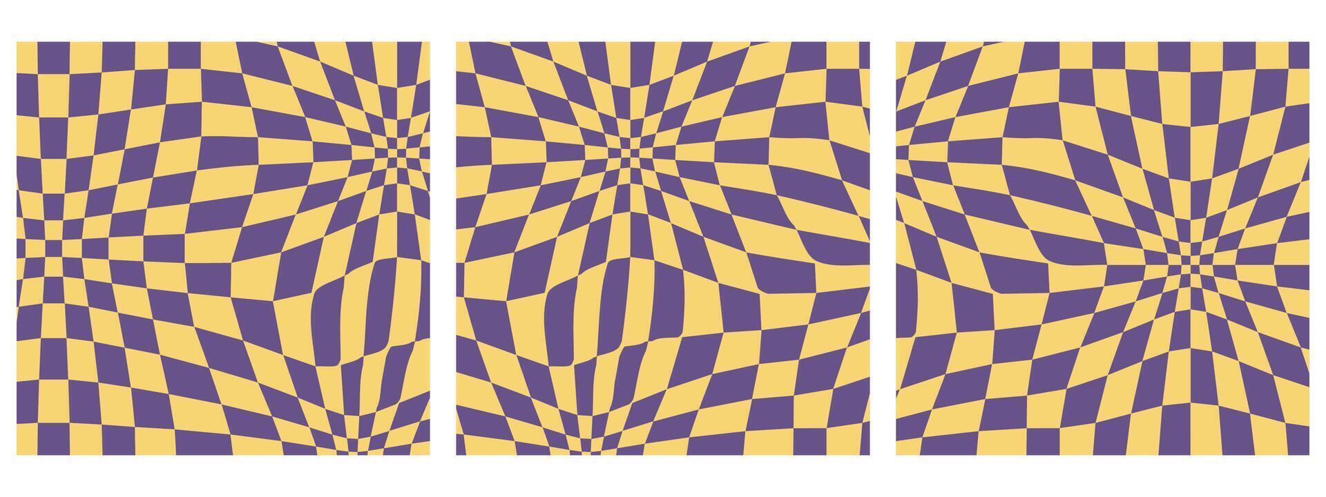 Set of Square 70s Vibes Groovy Checkerboard Patterns. Abstract Grid Backgrounds in a Psychedelic Retro Style in Yellow and Violet Colors. vector