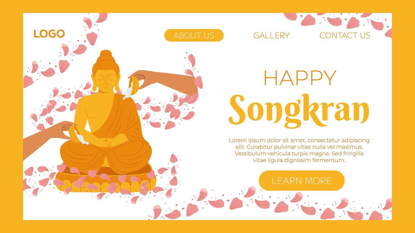 Songkran festival, traditional shower the monk sculpture, Thailand New Year. Bathing the Buddha statue. Vector landing page website template in flat style for celebrating.