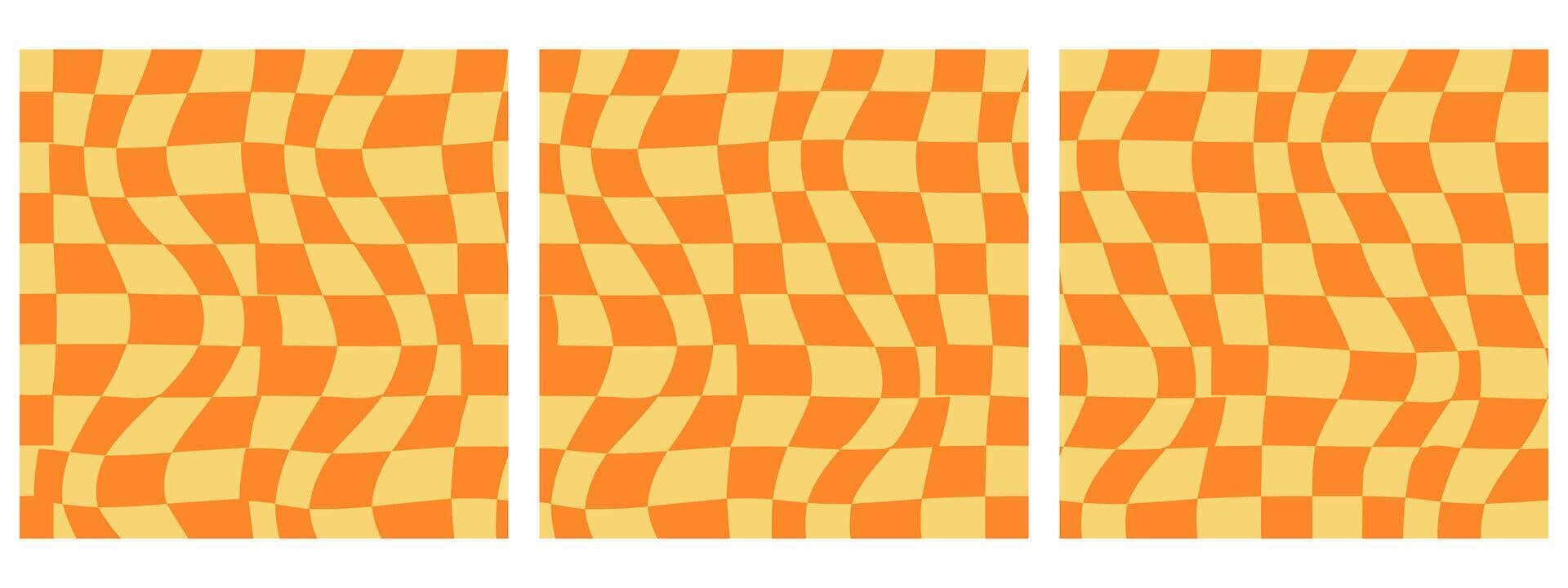 Set of Square Abstract Background Featuring a Psychedelic Groovy Checkerboard Design in 1970s Hippie Retro Style. Vector Pattern Ready for Use. Yellow and Orange Colors