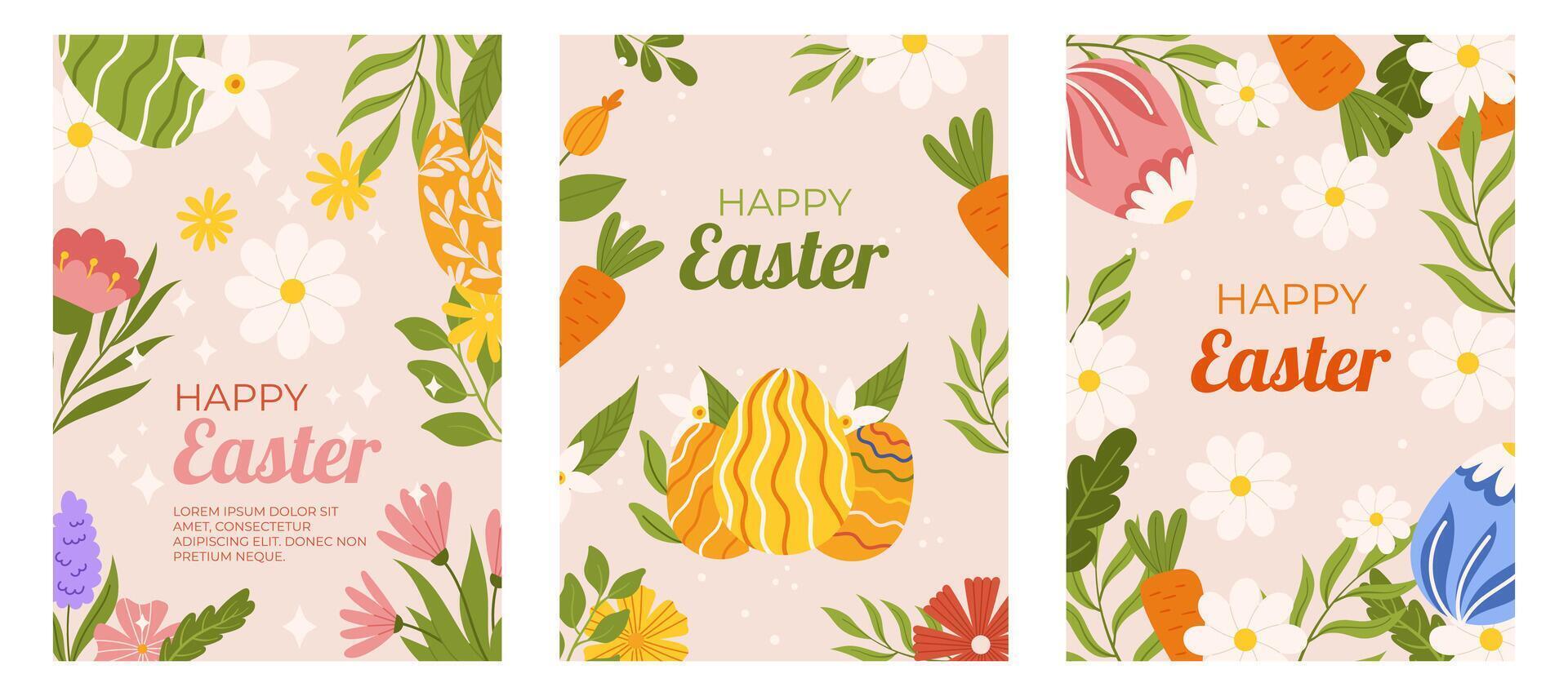 Pascua de Resurrección colección de vertical saludo tarjetas modelo. diseño con floral marcos, pintado huevos, margarita y zanahoria. mano dibujado plano vector ilustración