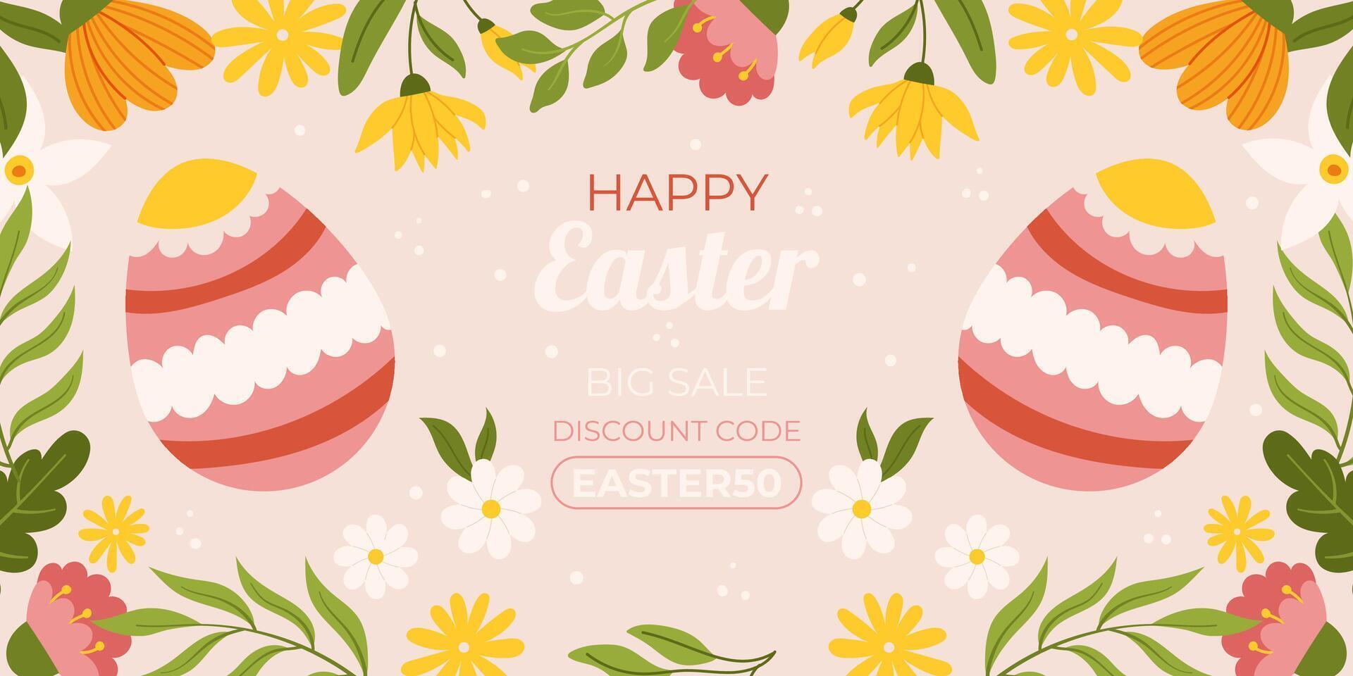 Easter sale horizontal background template for promotion. Design with  two painted eggs, floral elements, symmetrical composition. Hand drawn flat vector illustration