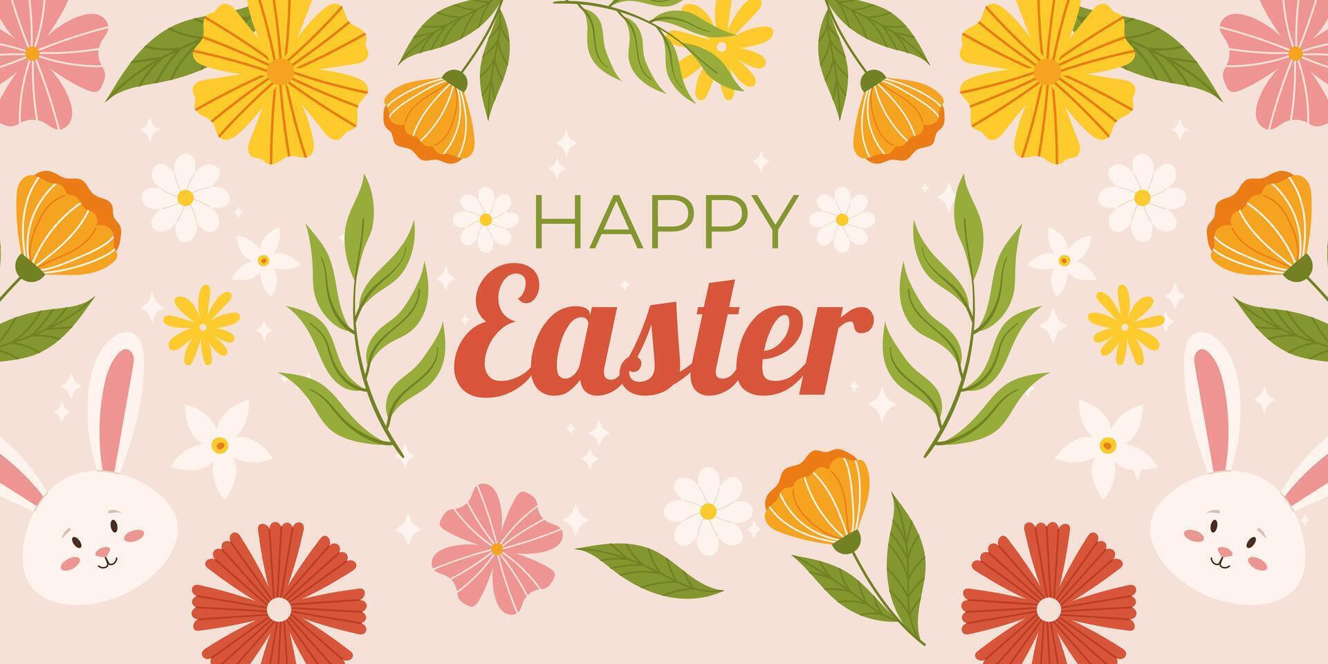 Happy Easter horizontal background template. Design with cute bunny, flowers and leaves around vector