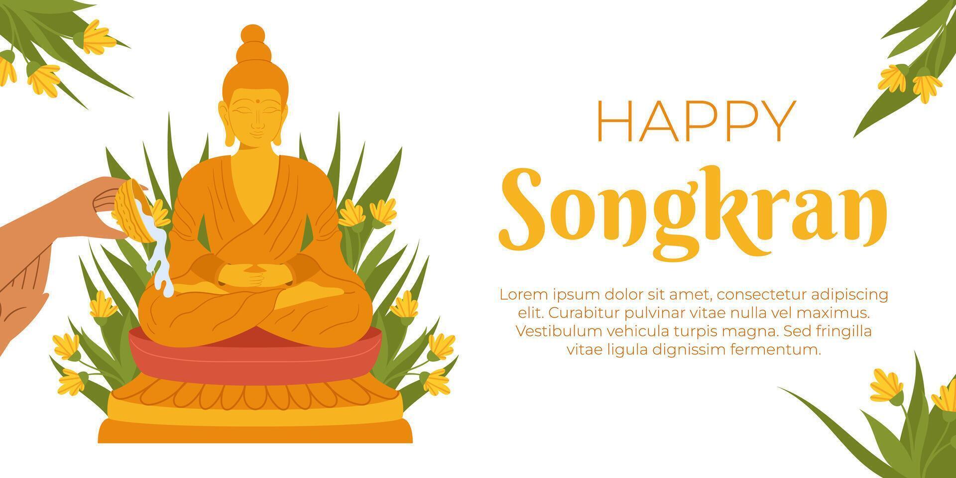 Songkran, Buddha water ceremony. Hand Pouring water the monk sculpture. Thailand New Year. Vector background in flat style for celebrating.