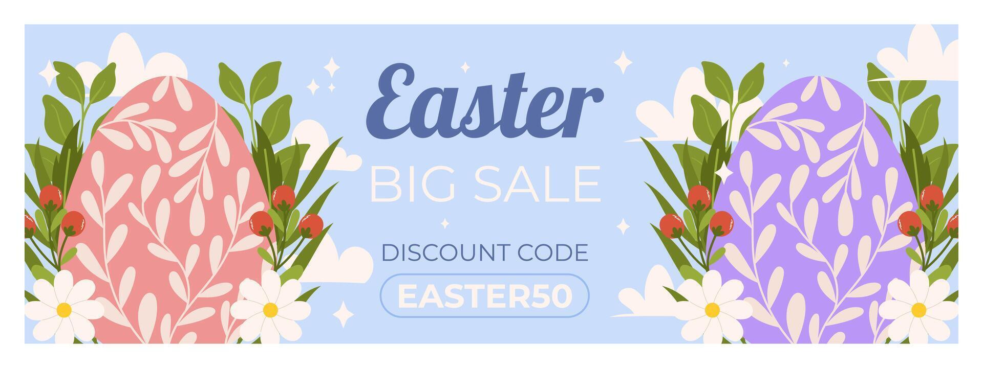 Easter sale horizontal banner template for promotion. Design on sky blue background with painted eggs, leaves and flowers vector