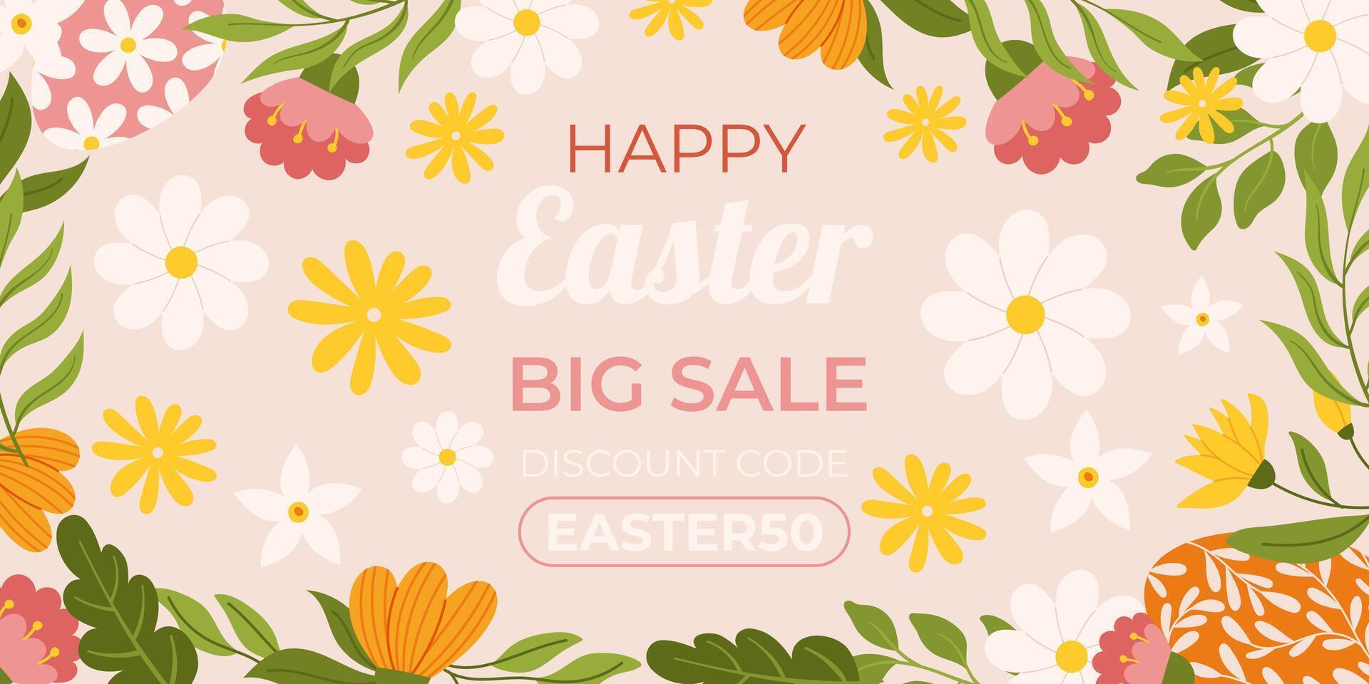 Happy Easter horizontal background template. Design with hand painted eggs and floral elements. Hand drawn flat vector illustration