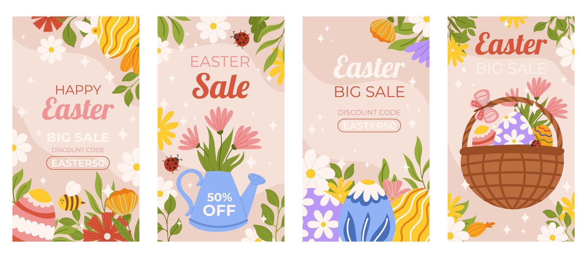 Easter promotion collection of vertical social media template. Design with flowers, basket, painted eggs and cute bee, ladybug. Hand drawn Spring sale set. vector