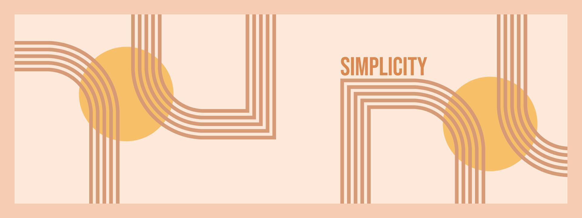 Minimalist geometric zen arches banner template with Text - Simplicity. Abstract boho shapes in a retro aesthetic for versatile design use. Vector concept design.