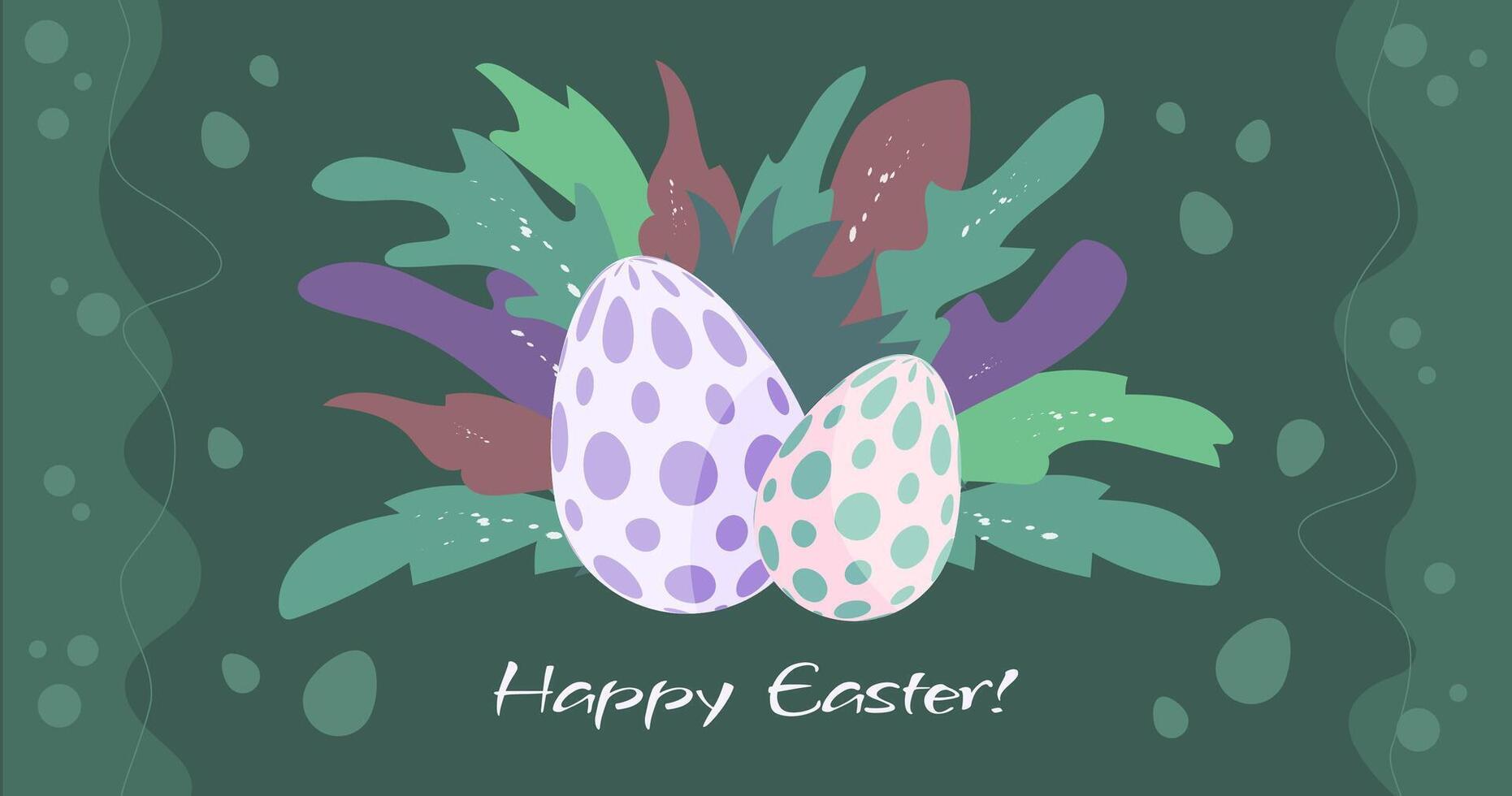 Happy Easter banner with decorated eggs hidden in grass, modern poster, greeting with springtime Christian holiday. Vector Illustration.