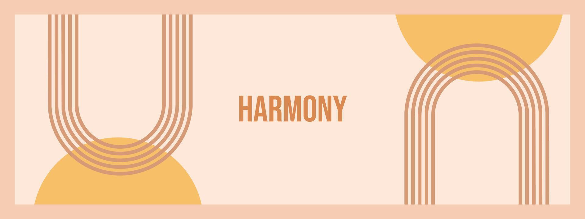 Minimalist geometric zen arches banner template with Text - Harmony. Abstract boho shapes in a retro aesthetic for versatile design use. Vector concept design.