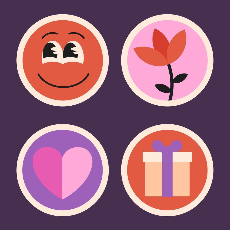 conjunto de enamorado día iconos, redondo plano pegatinas con romántico símbolos, flor y caracteres. vector ilustración.