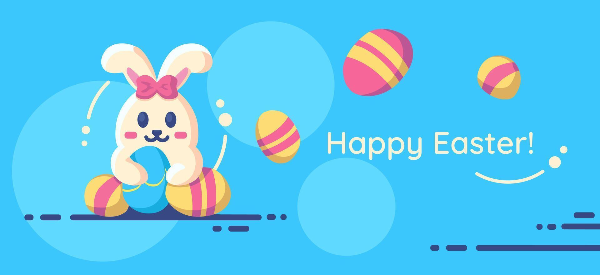 Happy Easter banner with cute flat rabbit with Easter eggs, invitation, greeting for a springtime holiday. Vector illustration.