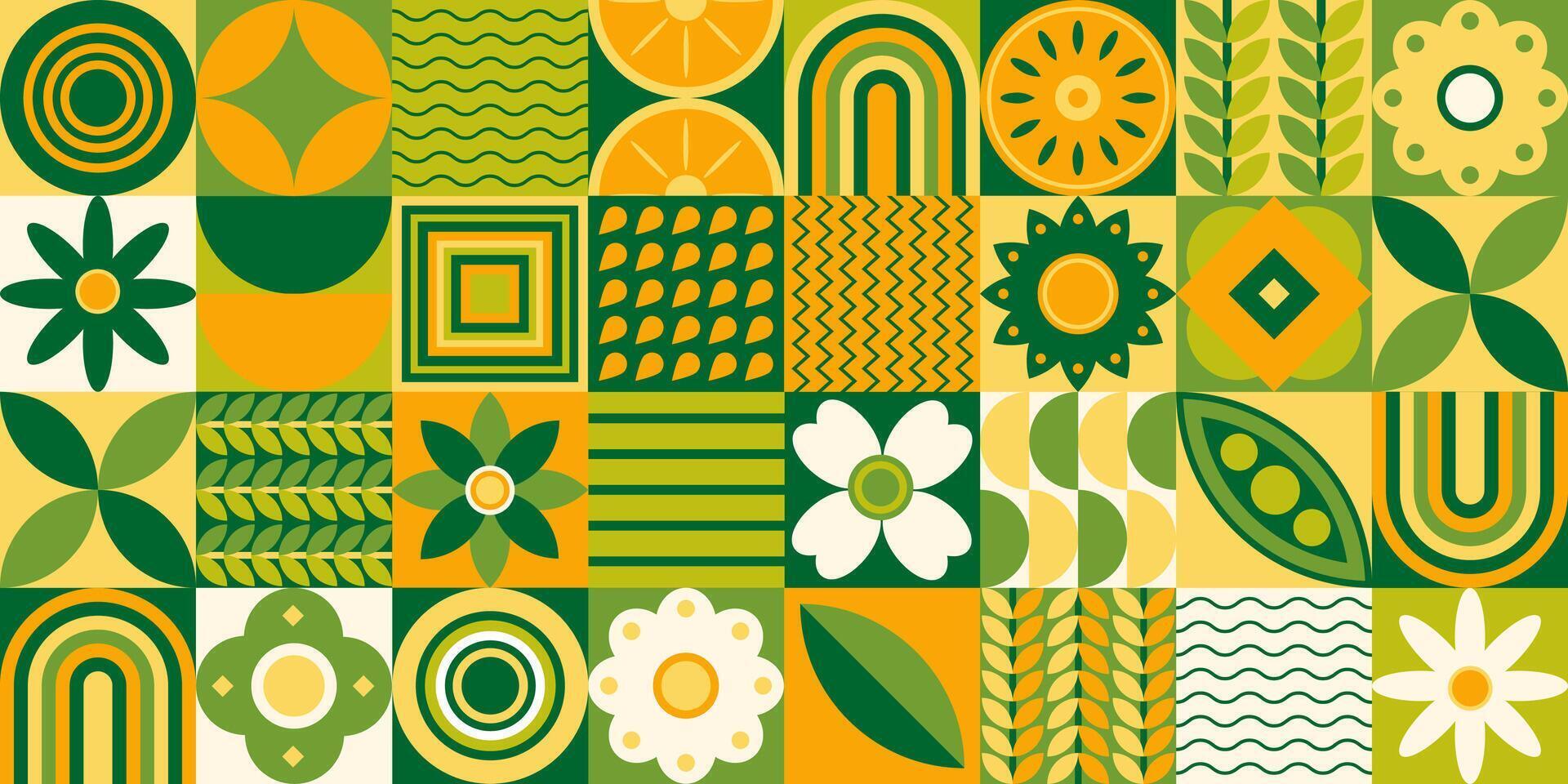 geométrico plano composición de plantas y frutas, resumen decorativo arte, web bandera y póster con ornamental loseta modelo. vector ilustración.