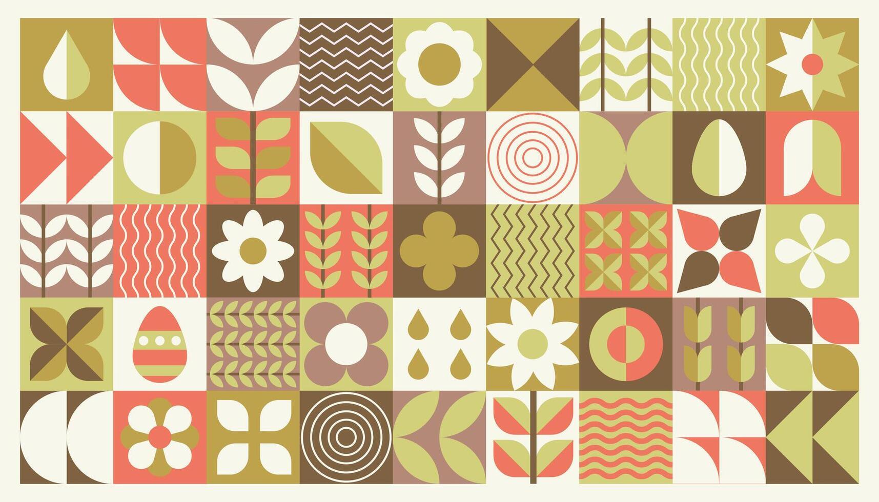 Geometric flat composition of plants, natural abstract decorative art, web banner and poster with ornamental tile pattern. Vector illustration.