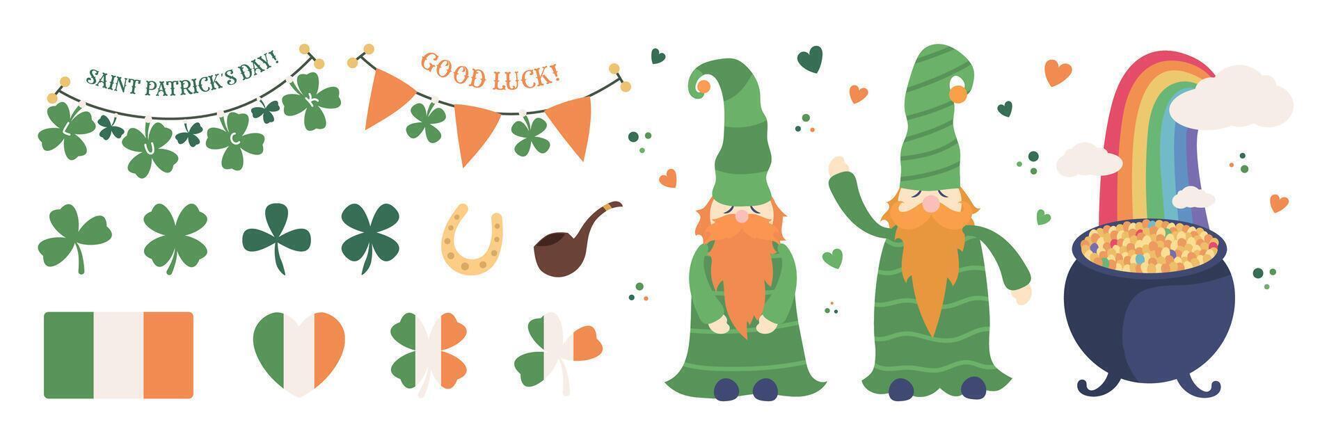 Saint Patrick's Day sticker set, Irish holiday design elements with Irish flags, flag decorations, green beer, hats, speech bubbles, horseshoe and leprechaun gold. Vector illustration.