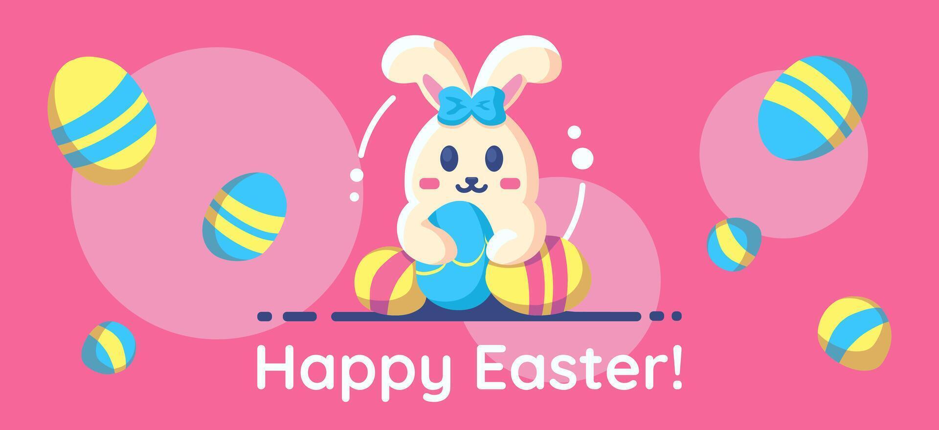 Happy Easter banner with cute flat rabbit with Easter eggs, invitation, greeting for a springtime holiday. Vector illustration.