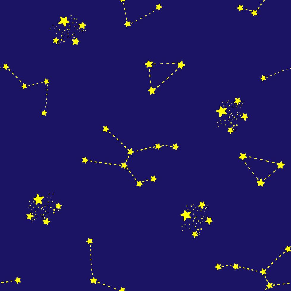 Constellations on dark blue background vector seamless pattern. Stary sky. Wallpaper, print, fabric, textile, wrapping paper, packaging design.
