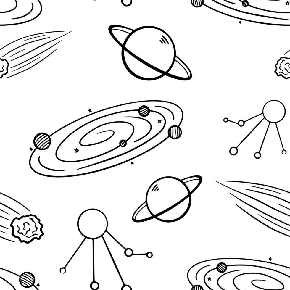 espacio galaxia objetos vector sin costura modelo. planetas, meteorito, solar sistema. cósmico fondo, fondo de pantalla, imprimir, textil, tela, envase papel, embalaje diseño