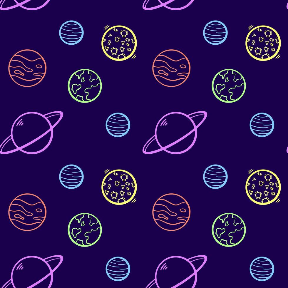 Colorful planets on dark blue background vector seamless pattern. Wallpaper, print, fabric, textile, wrapping paper, packaging design