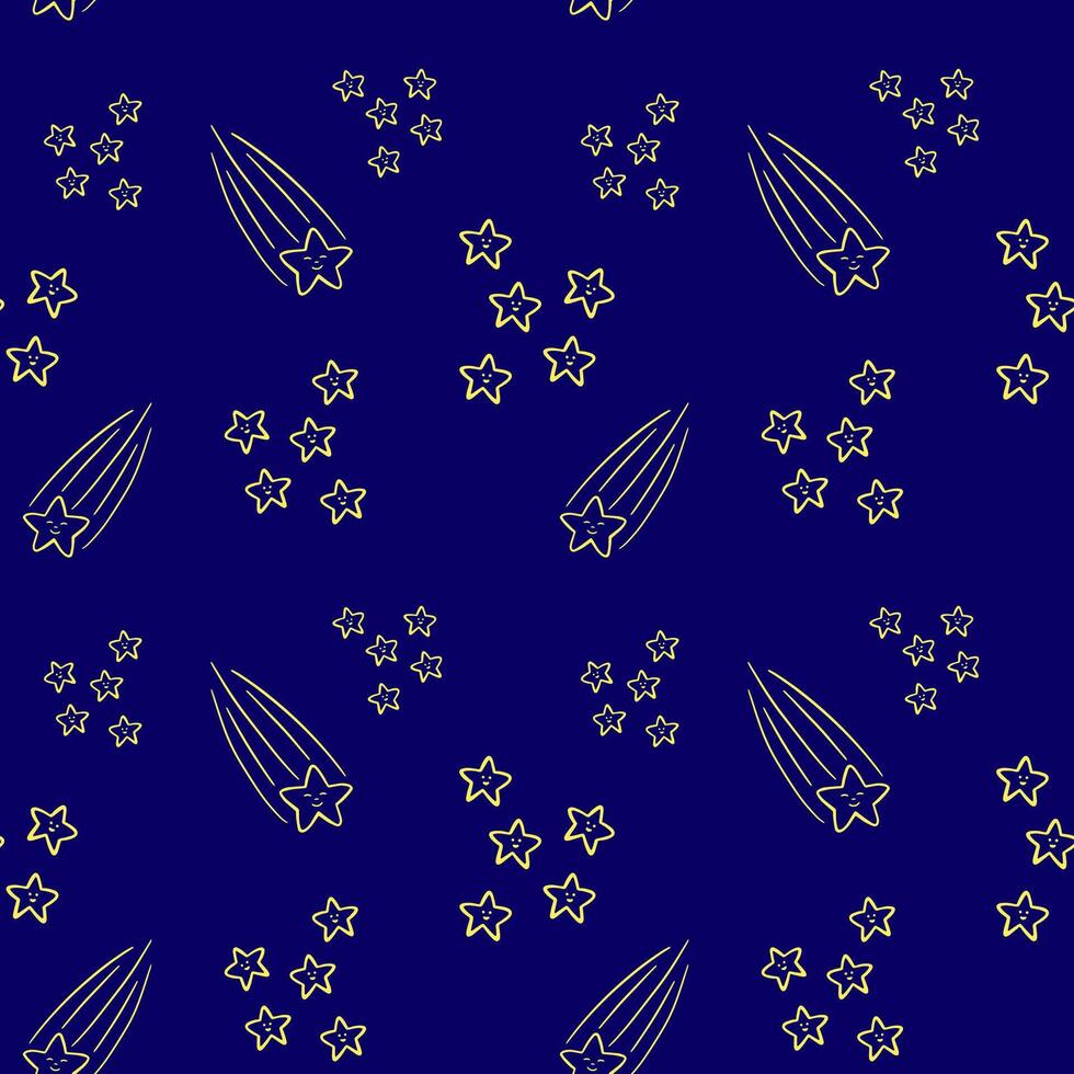 Yellow stars and falling star on dark blue beckground vector seamless pattern. Stary sky pattern. Wallpaper, print, fabric, textile, wrapping paper, packaging design