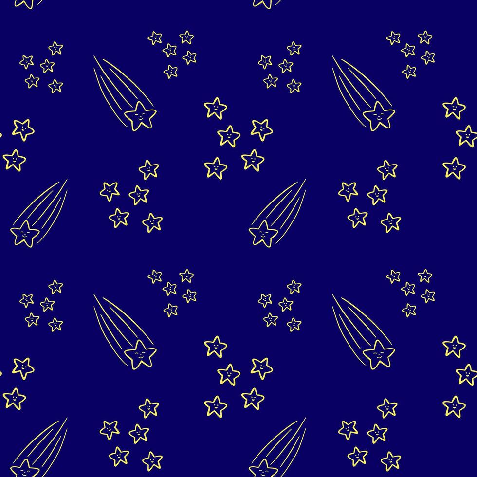 Yellow stars and falling star on dark blue beckground vector seamless pattern. Stary sky pattern. Wallpaper, print, fabric, textile, wrapping paper, packaging design