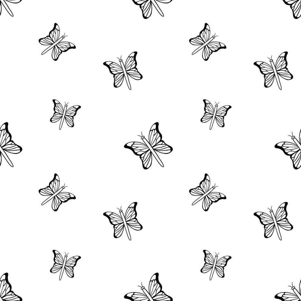Black butterflies vector seamless pattern. Outline butterfly background, wallpaper, print, textile, fabric, wrapping paper, packaging design. Line art