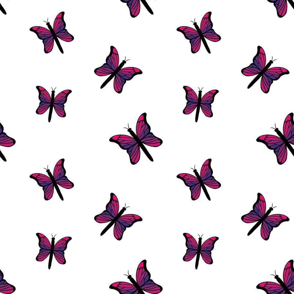 Purple butterflies vector seamless pattern. Outline butterfly background, wallpaper, print, textile, fabric, wrapping paper, packaging design. Line art