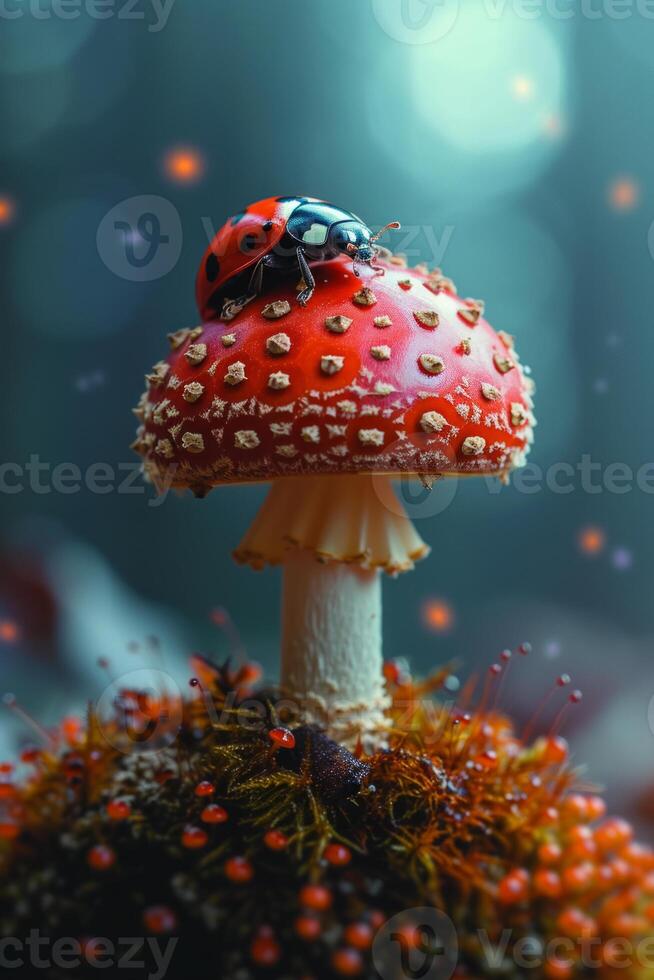 AI generated Ladybug and fly agaric. Ladybug sitting on top of a mushroom photo