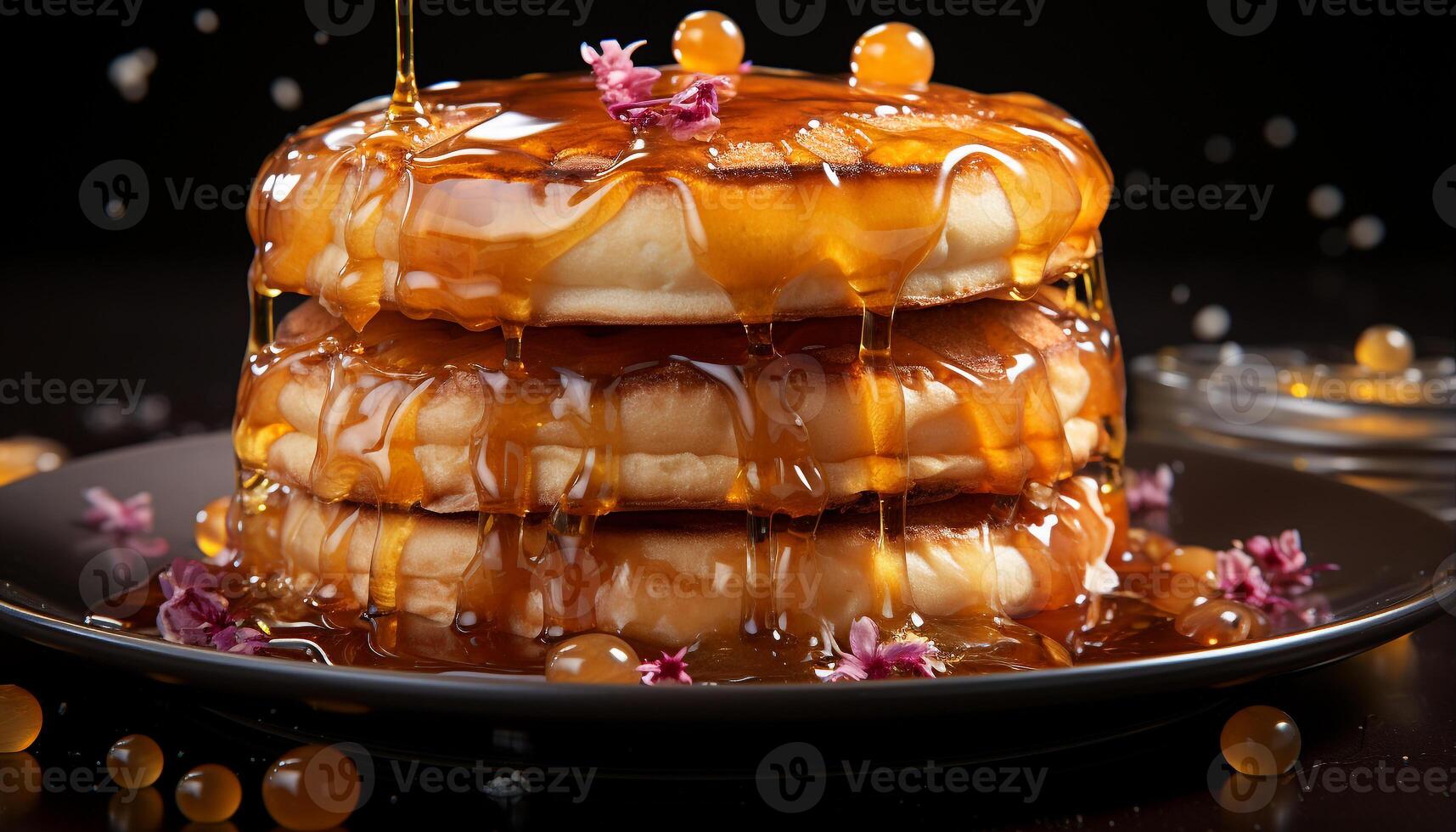 AI generated Freshly baked pancake stack with chocolate syrup and berry fruit generated by AI photo