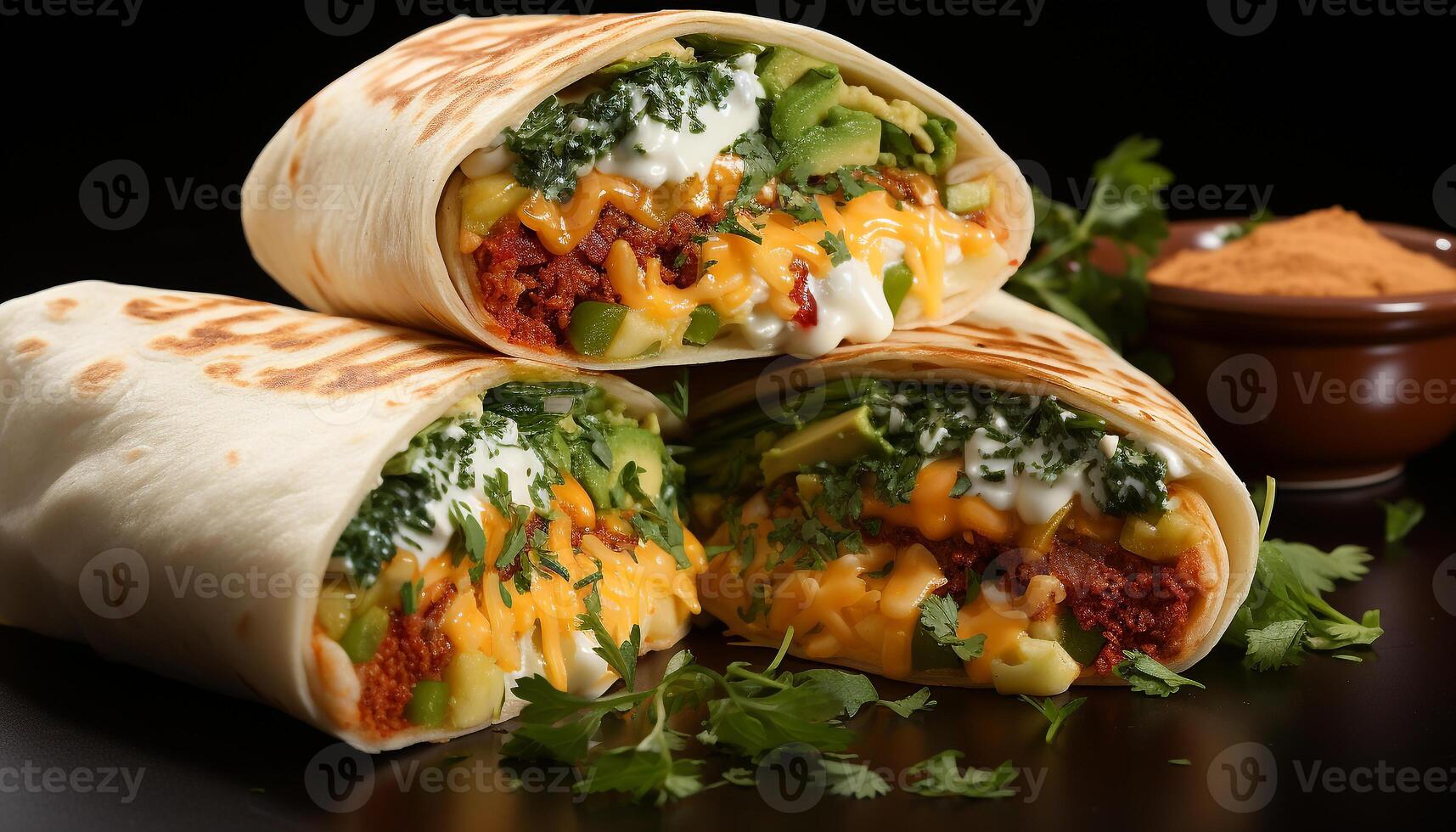 AI generated Gourmet Mexican wrap beef, guacamole, cilantro, tomato, sour cream generated by AI photo