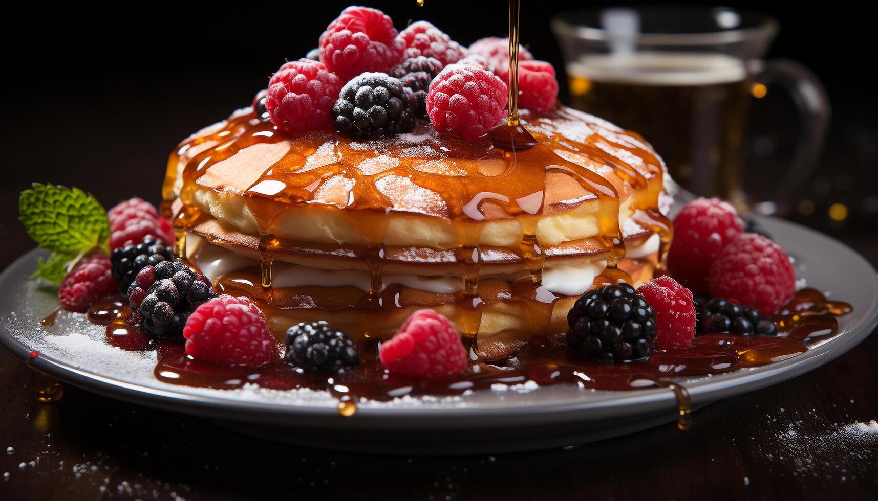 AI generated Homemade pancake stack with fresh berries, chocolate, and syrup generated by AI photo