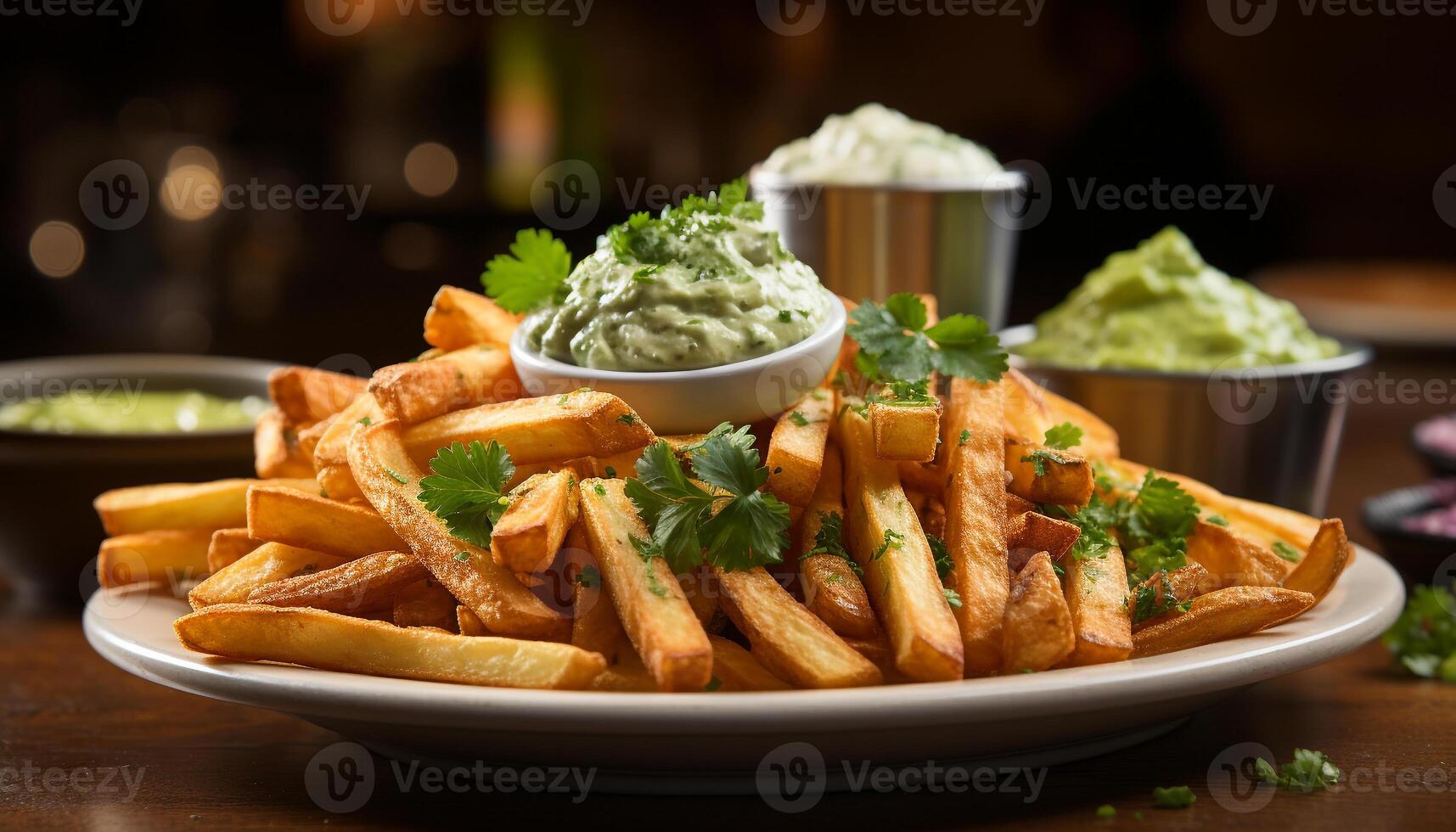 AI generated Freshness and crunchiness of homemade French fries with guacamole dip generated by AI photo