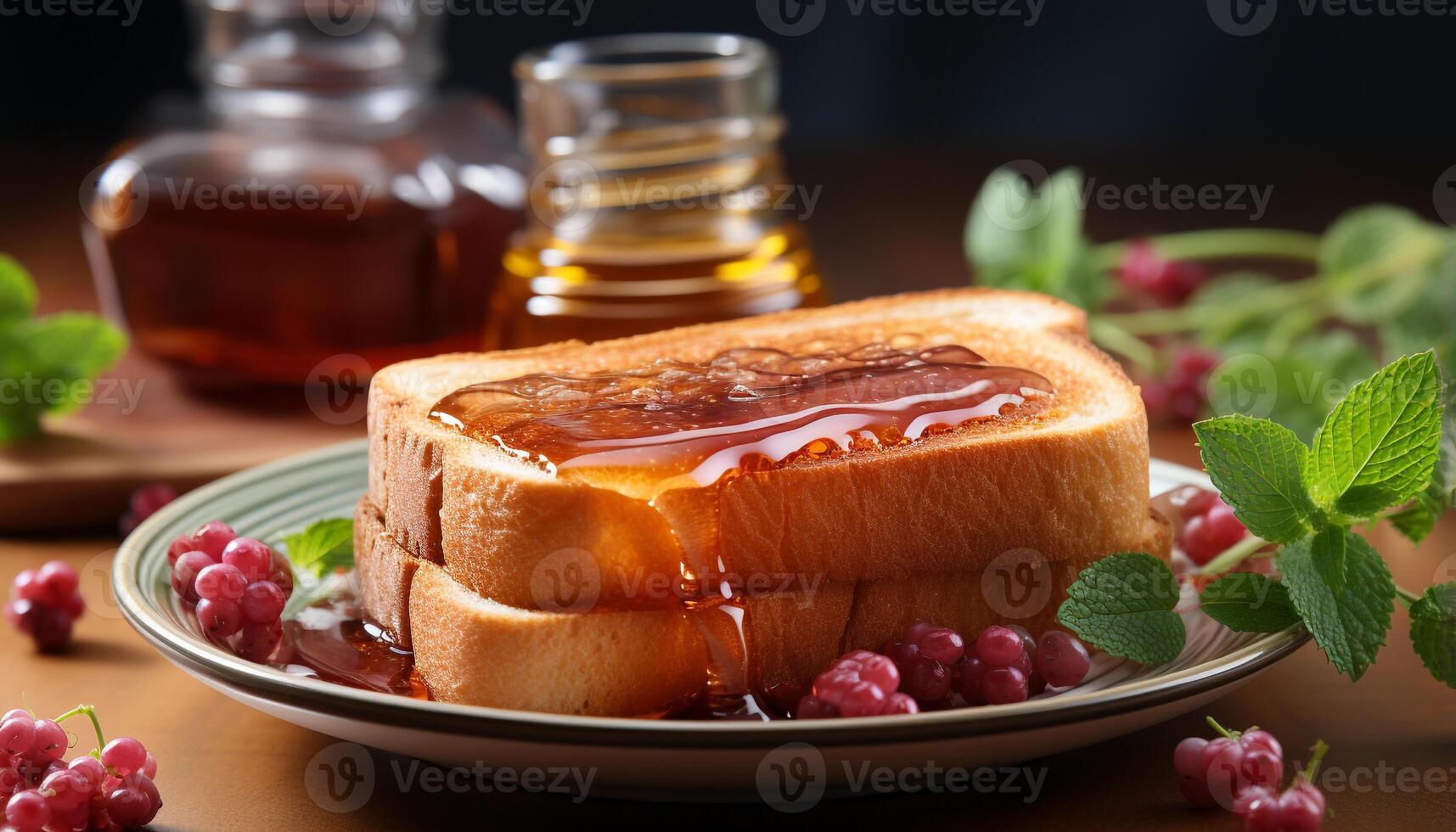 AI generated Fresh fruit dessert on wooden plate with raspberry and mint generated by AI photo