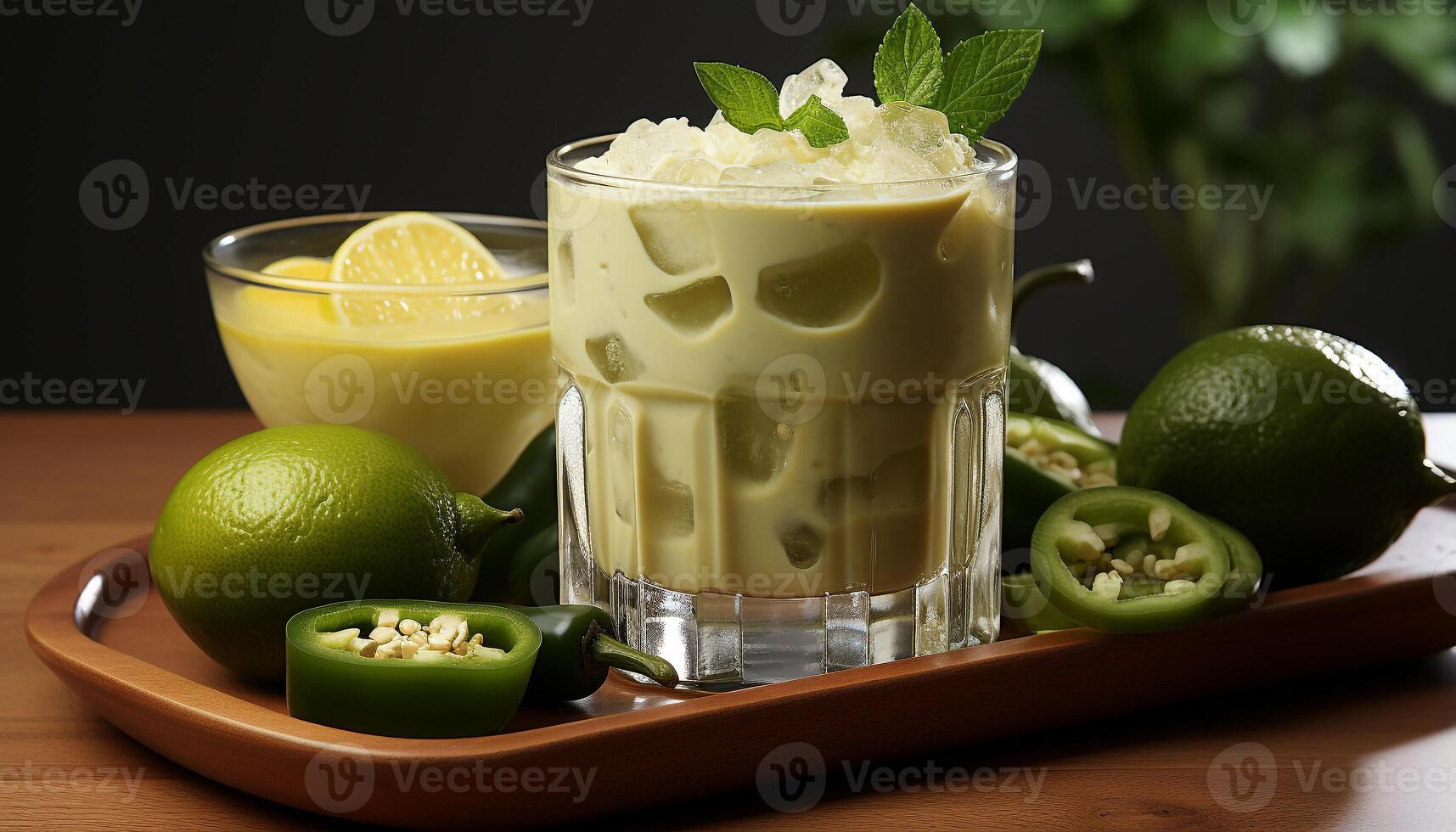 AI generated Refreshing citrus cocktail on wooden table with ice and mint generated by AI photo