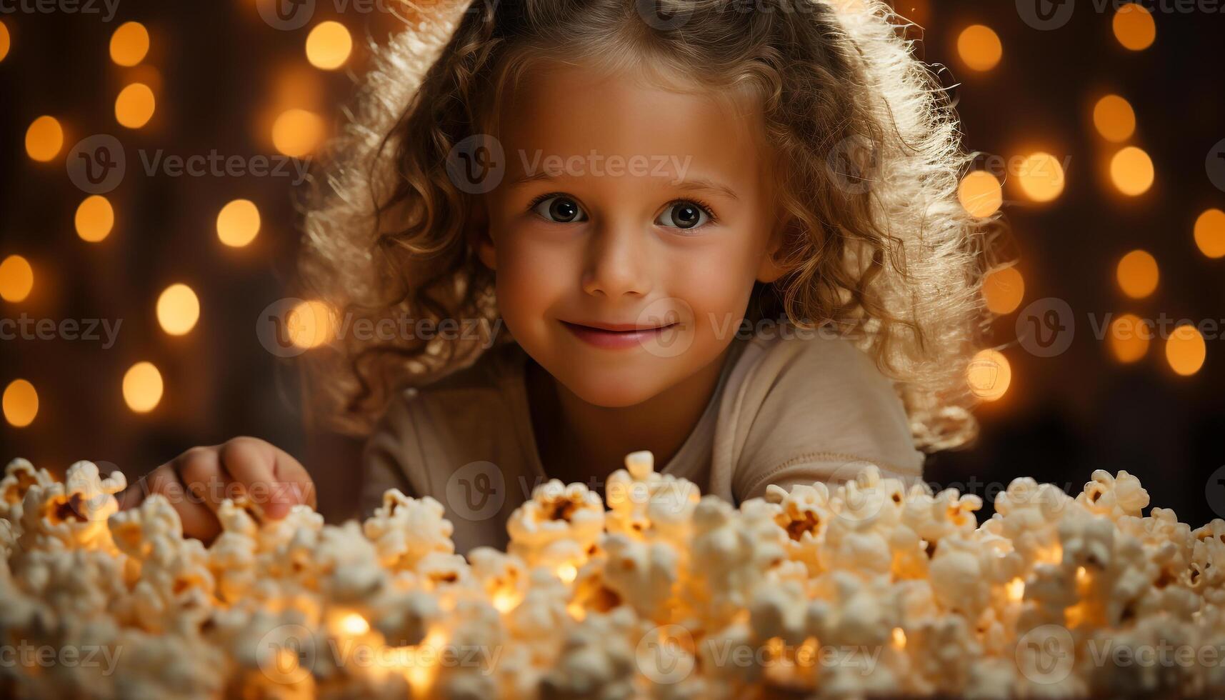AI generated A cute, smiling toddler enjoying the Christmas lights indoors generated by AI photo