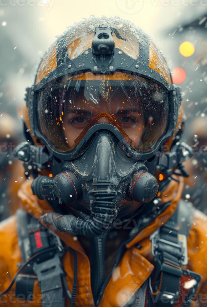AI Generated Portrait of man in military uniform and gas mask in the snow photo