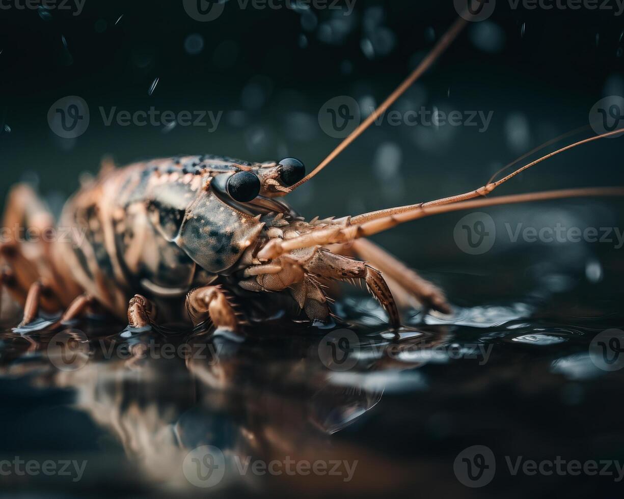 ai generado cangrejo de río debajo el lluvia de cerca foto