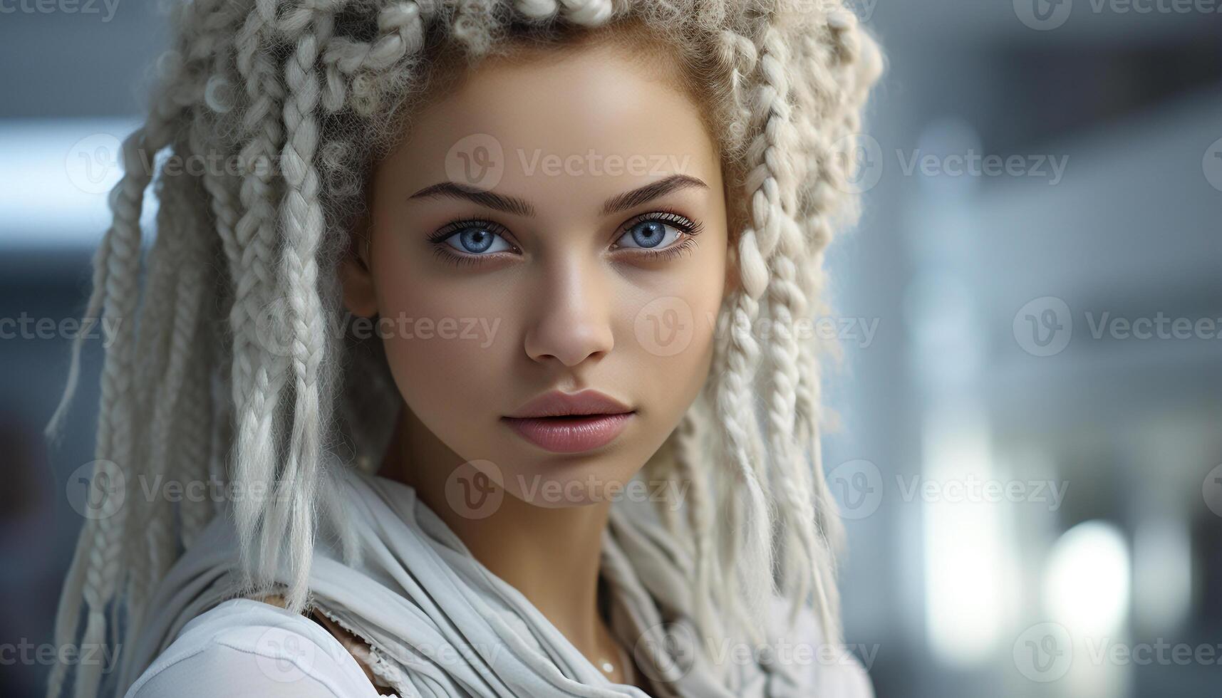 AI generated A beautiful young woman, confident and fashionable, looking at camera generated by AI photo