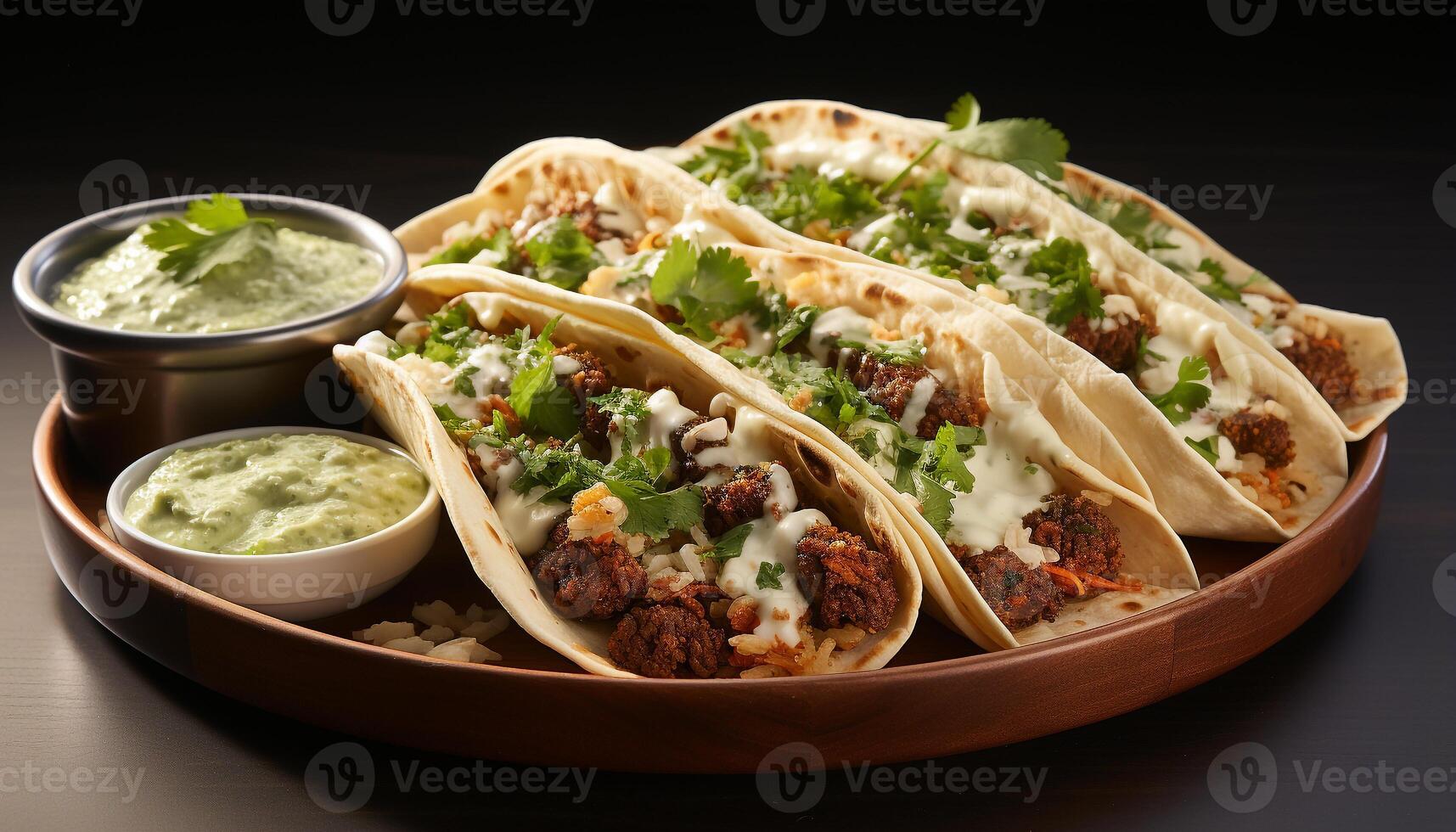 AI generated Homemade taco grilled beef, fresh guacamole, and savory spices generated by AI photo